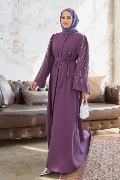 Qo'llari toshlar bilan bezatilgan Abaya - Lilac - 1