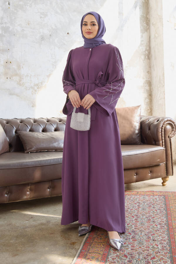 Qo'llari toshlar bilan bezatilgan Abaya - Lilac - 7