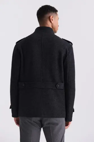 Qora-1 Slim Fit hakam yoqali, yelkali, naqshli sport kashmir palto - 4