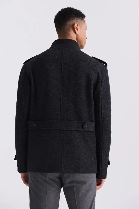Qora-1 Slim Fit hakam yoqali, yelkali, naqshli sport kashmir palto - 4