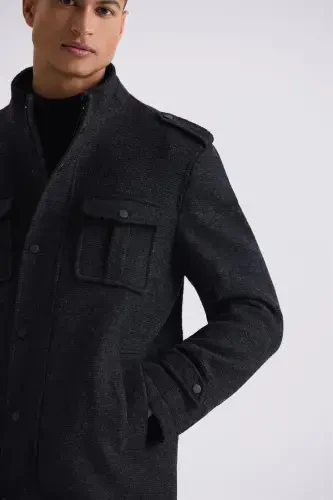 Qora-1 Slim Fit hakam yoqali, yelkali, naqshli sport kashmir palto - 3