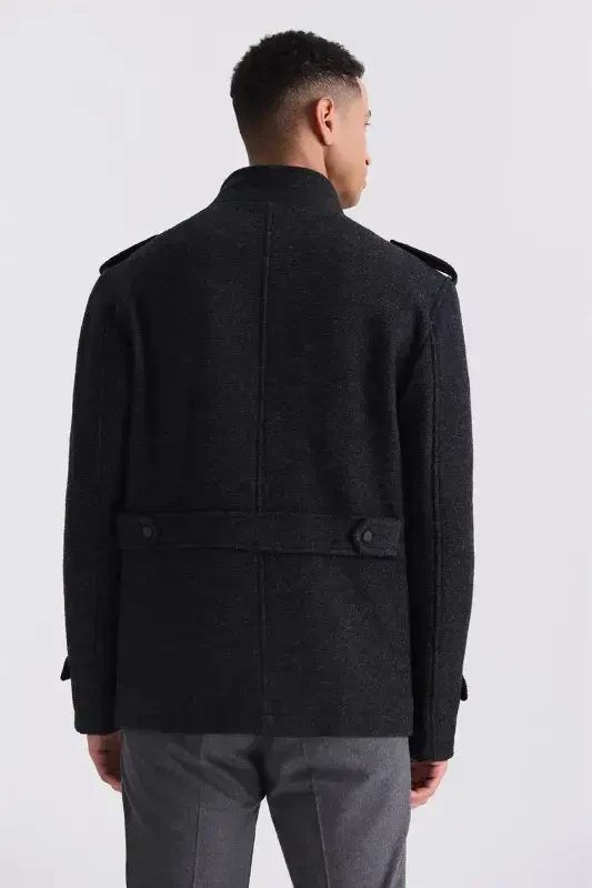 Qora-1 Slim Fit hakam yoqali, yelkali, naqshli sport kashmir palto - 4