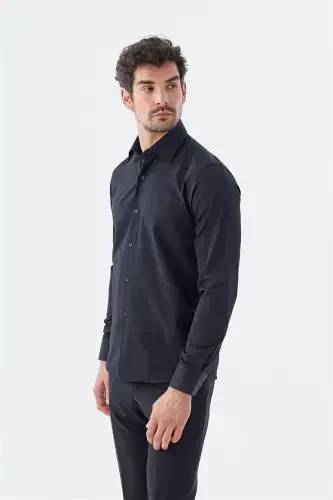 Qora-1 Slim Fit naqshli italyan yoqali klassik galstukli paxta ko'ylak - 1