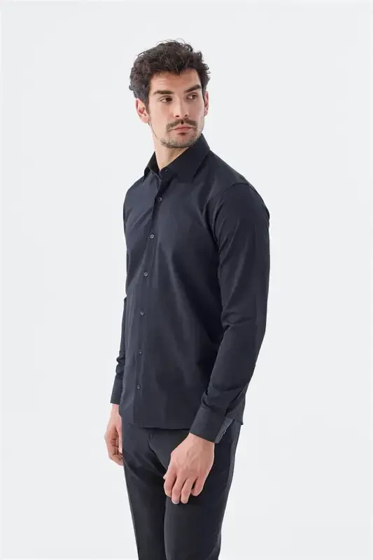 Qora-1 Slim Fit naqshli italyan yoqali klassik galstukli paxta ko'ylak - JAKAMEN