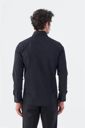 Qora-1 Slim Fit naqshli italyan yoqali klassik galstukli paxta ko'ylak - 4