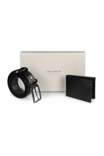 Qora %100 charm 2 ta kamar va hamyon sovg'a qutisi to'plami - 3