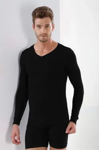 Qora 2 dona qadoqli Erkaklar Badi uzun qo‘lli futbolka V bo‘yinli Basic 100% paxta Ribana - 4