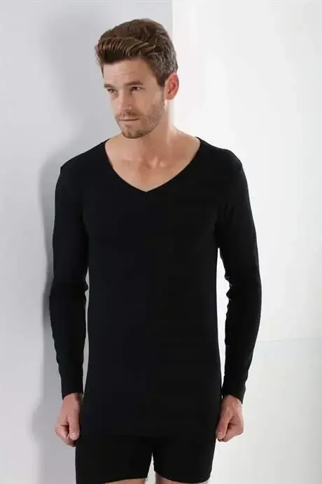 Qora 2 dona qadoqli Erkaklar Badi uzun qo‘lli futbolka V bo‘yinli Basic 100% paxta Ribana - 3