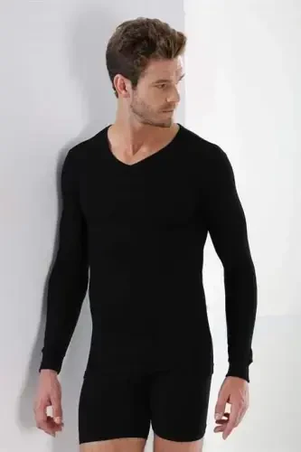 Qora 2 dona qadoqli Erkaklar Badi uzun qo‘lli futbolka V bo‘yinli Basic 100% paxta Ribana - 5