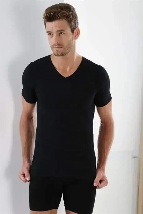 Qora 3-pakli Erkaklar V Yaka Futbolkalari Qisqa Qol 100% Paxta - 4