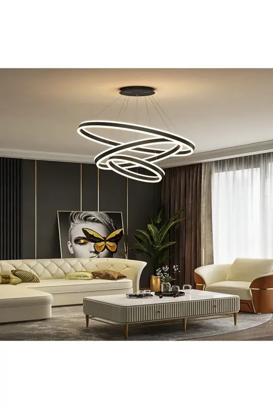 Qora 3x Doira Ø60,80,100sm LED Lampasi, Yumaloq Osadigan Avizasi, Zamonaviy Yoritish, Dekorativ 3000k - 3