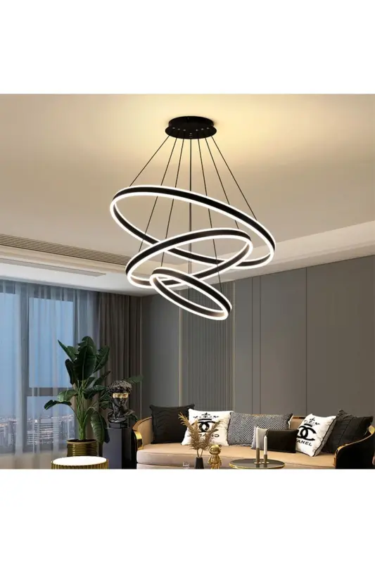 Qora 3x Doira Ø60,80,100sm LED Lampasi, Yumaloq Osadigan Avizasi, Zamonaviy Yoritish, Dekorativ 3000k - 1