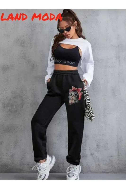 qora Ayollar Bosma Jogger Bel Elastik Sport Shimlari - qora32 - 4