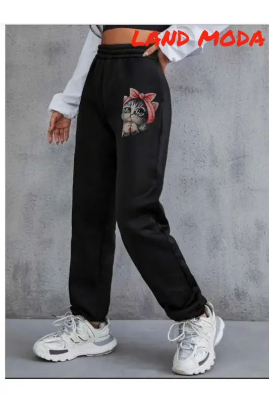 qora Ayollar Bosma Jogger Bel Elastik Sport Shimlari - qora32 - 1