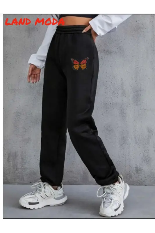 qora Ayollar Bosma Jogger Elastik Belikli Sport Shim-qora43 - 1
