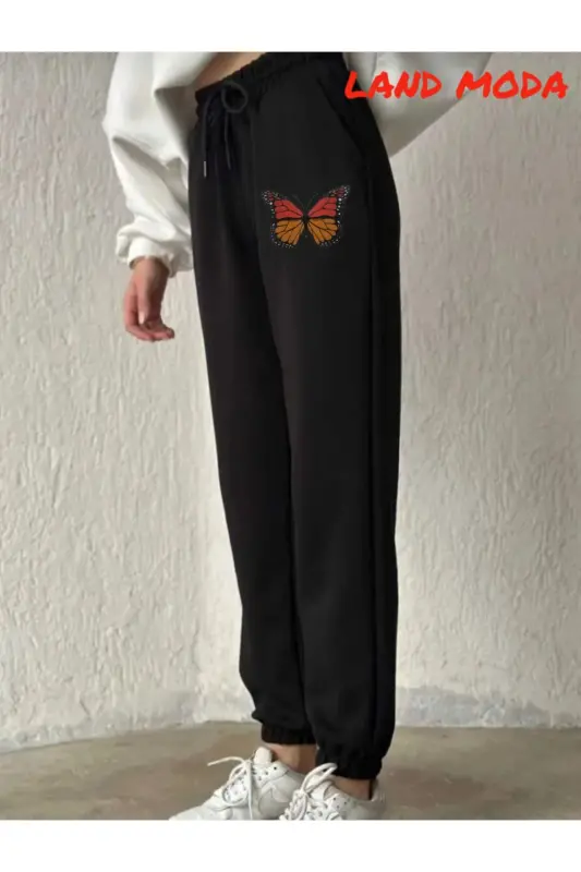 qora Ayollar Bosma Jogger Elastik Belikli Sport Shim-qora43 - 3