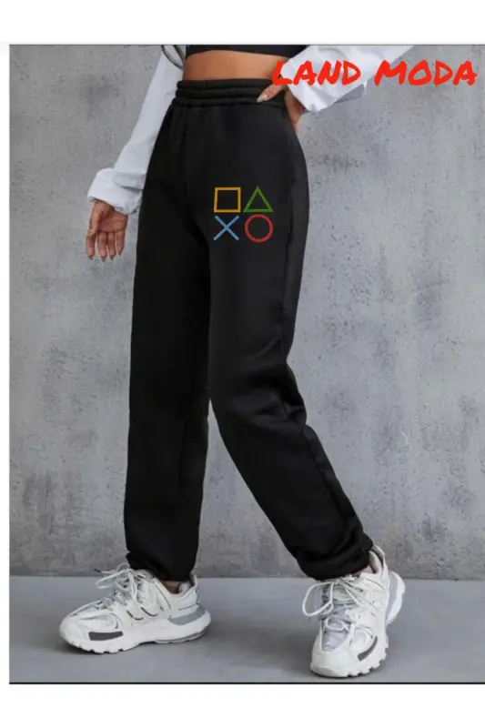 Qora ayollar bosma jogger elastik belli sport shimi - qora21 - 1