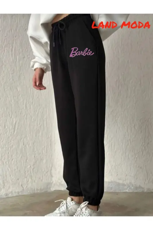 qora Ayollar bosma naqshli jogger, elastik belbog'li sport shimi-qora11 - 2