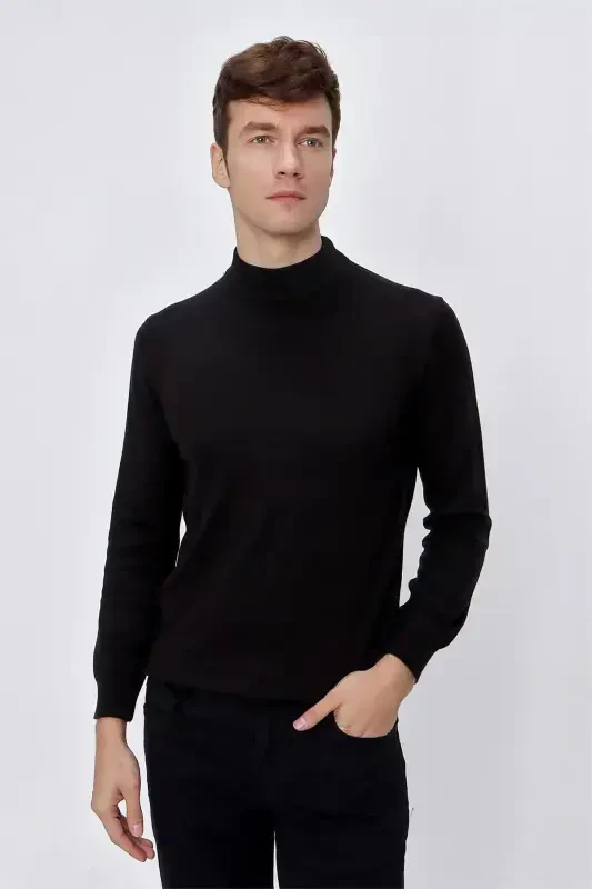 Qora Basic Dinamik Fit Qulay Kesimli Yarim Balıkçı Yoqali Trikotaj Ko'ylak - 3