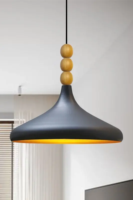 Qora Champion yog'och boncukli bitta lyustrali osma salon oshxona butik lampasi yoritgich lyustralar-QORA - 1