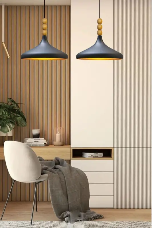 Qora Champion yog'och boncukli bitta lyustrali osma salon oshxona butik lampasi yoritgich lyustralar-QORA - 3