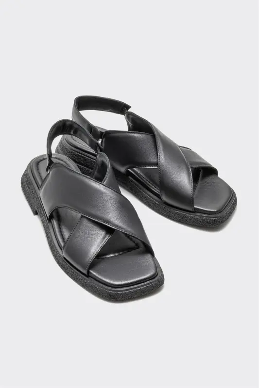 Qora charm ayollar tekis sandal - Qora - 2