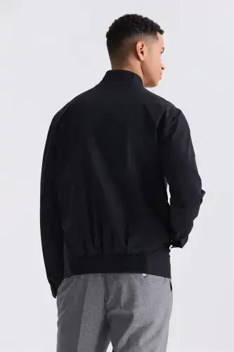 Qora Comfort Fit Baland qalpoqli old tomoni fermuarli o'rtacha mavsumli palto - 4