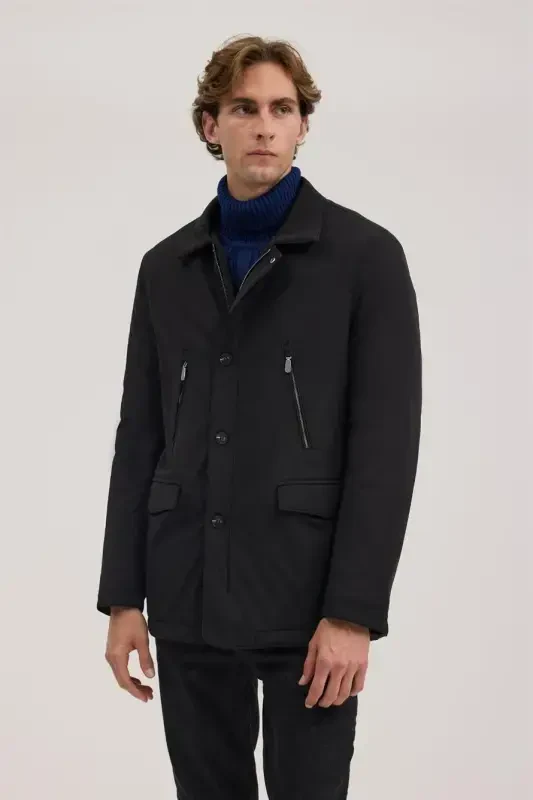 Qora Comfort Fit Bebe Yoqali Fermuarli Palto - 1