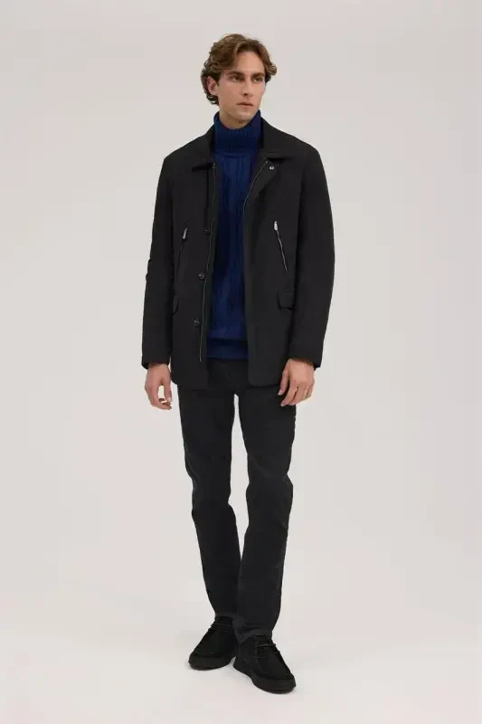 Qora Comfort Fit Bebe Yoqali Fermuarli Palto - 2