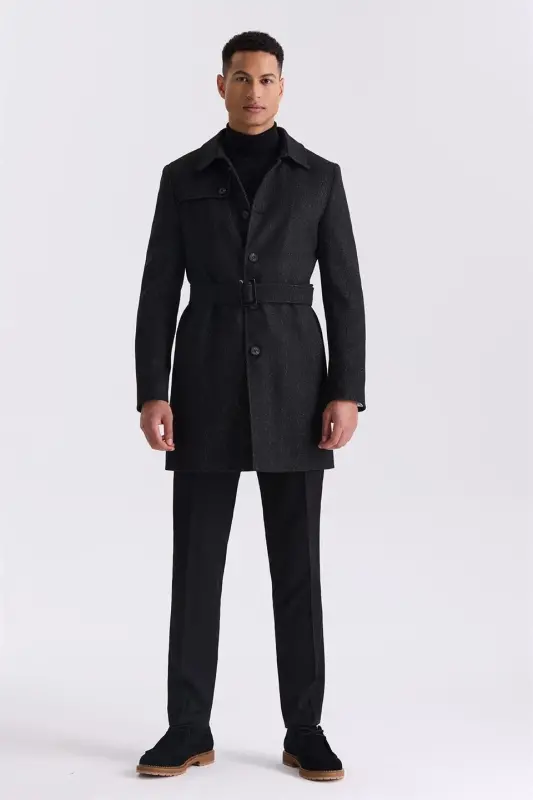 Qora Comfort Fit Berber yoqali baliq suyagi naqshli kamarli jun palto - 2