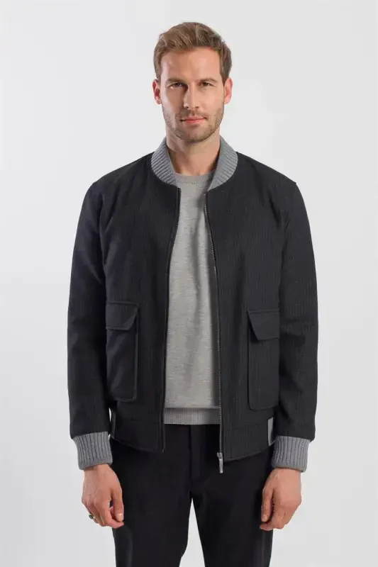 Qora Comfort Fit Chiziqli Kollege Yoqali Palto - 1