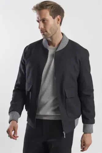 Qora Comfort Fit Chiziqli Kollege Yoqali Palto - 3