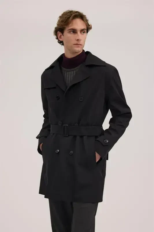 Qora Comfort Fit Ikki qatorli Kamarli Trench пальто - JAKAMEN