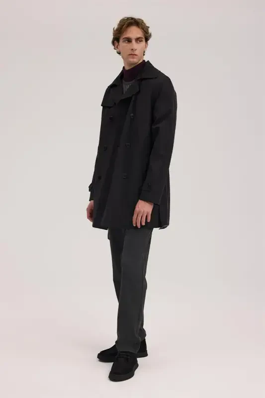 Qora Comfort Fit Ikki qatorli Kamarli Trench пальто - 2