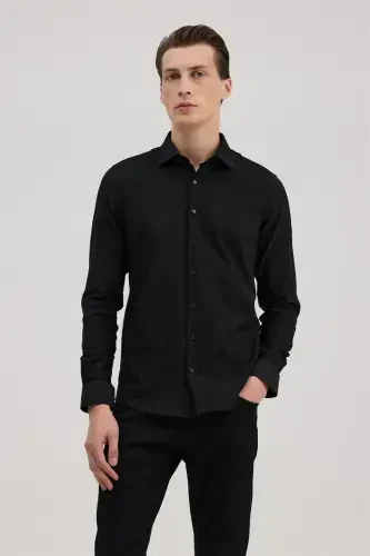 Qora Comfort Fit Klassik Yoqali O'zidan Naqshli Ko'ylak - 1