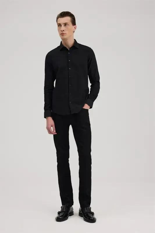 Qora Comfort Fit Klassik Yoqali O'zidan Naqshli Ko'ylak - 2