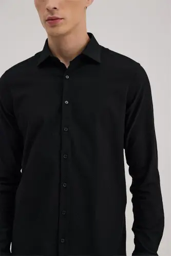 Qora Comfort Fit Klassik Yoqali O'zidan Naqshli Ko'ylak - 3