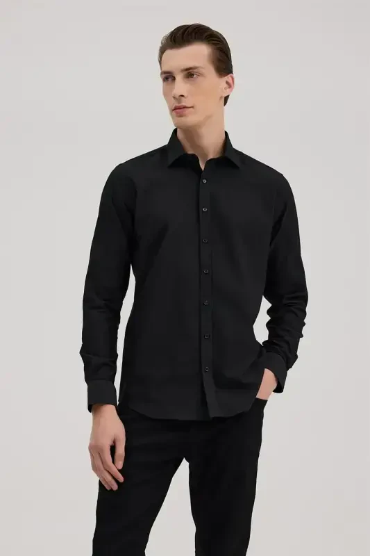 Qora Comfort Fit Klassik Yoqali Paxta Aralash Ko'ylak - JAKAMEN