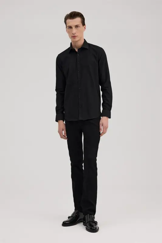 Qora Comfort Fit Klassik Yoqali Paxta Aralash Ko'ylak - 2