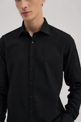 Qora Comfort Fit Klassik Yoqali Paxta Aralash Ko'ylak - 3