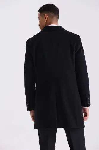 Qora Comfort Fit Mono Yoqa Yon Cho'ntakli Kashmir Palto - 4