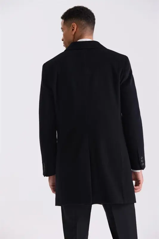 Qora Comfort Fit Mono Yoqa Yon Cho'ntakli Kashmir Palto - 4