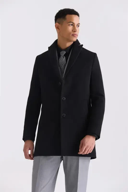 Qora Comfort Fit O'tkir yoqali kashmir palto - 1