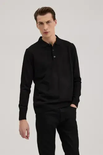 Qora Comfort Fit Polo Yoqali Jun Trikotaj - 1