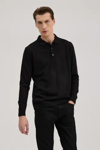 Qora Comfort Fit Polo Yoqali Jun Trikotaj - 1
