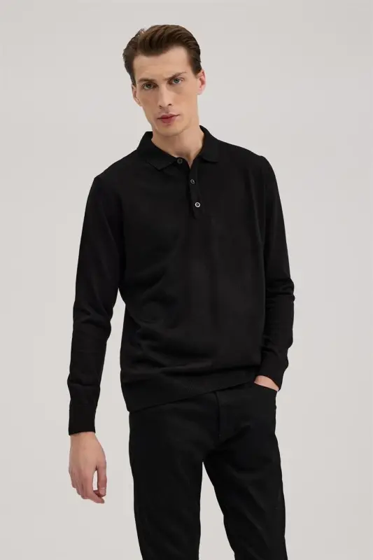 Qora Comfort Fit Polo Yoqali Jun Trikotaj - JAKAMEN