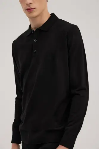 Qora Comfort Fit Polo Yoqali Jun Trikotaj - 3