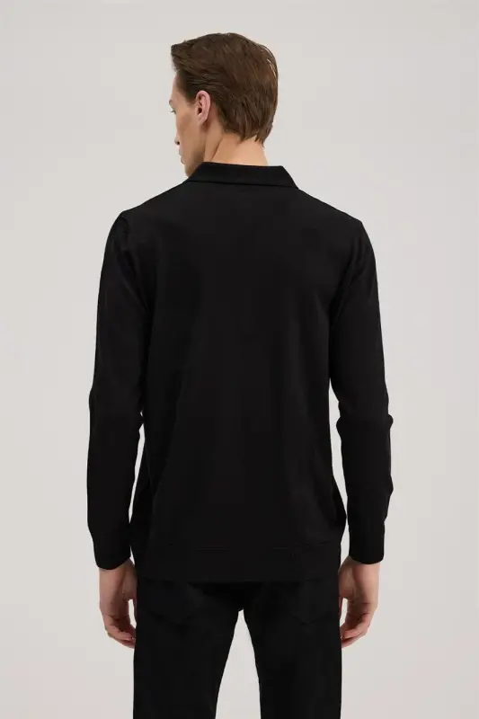 Qora Comfort Fit Polo Yoqali Jun Trikotaj - 4