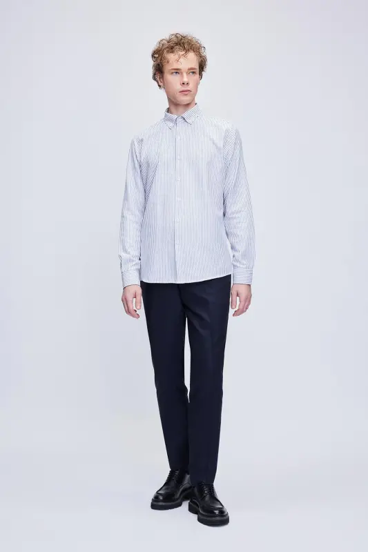 Qora Comfort Fit полосали пахта тугмали ёқа узун - 2