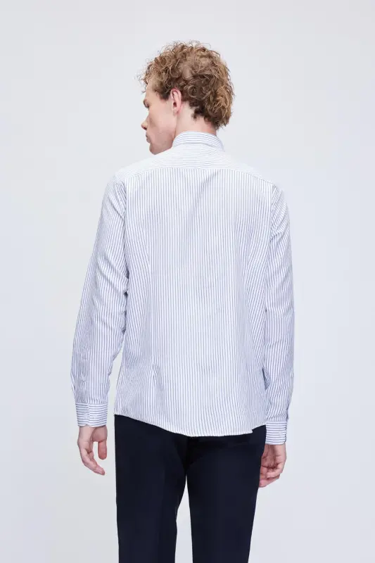 Qora Comfort Fit полосали пахта тугмали ёқа узун - 5